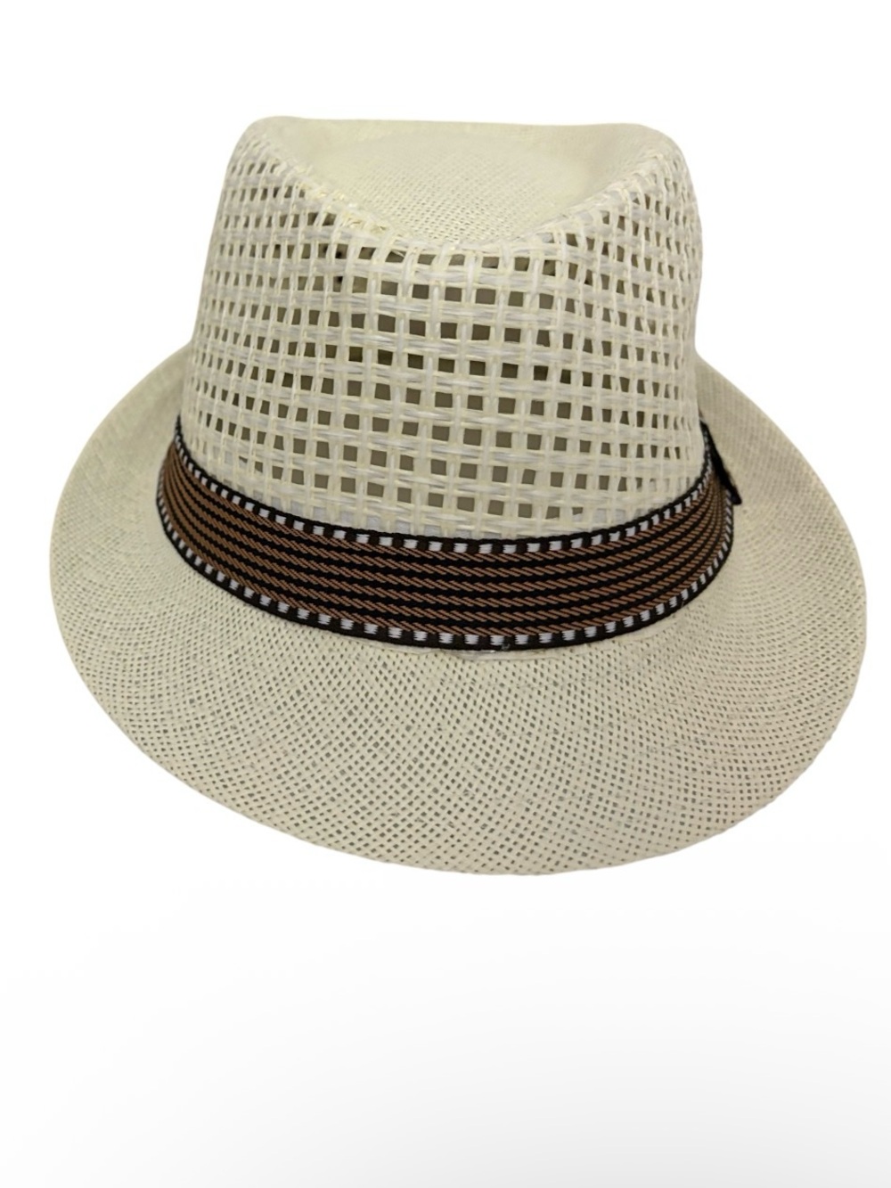 Woven White Straw Fedora with Brown Accent Band